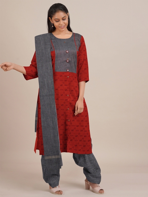Pothys Red Printed Unstitched Dress Material