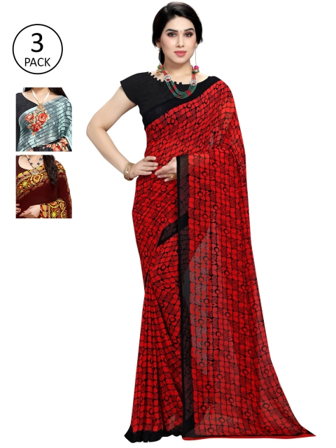 KALINI Pack Of 3 Printed Sarees, Red
