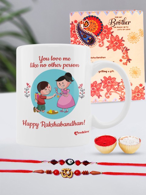 Archies Special Combo Set of 5 Rakhis with Coffee Mug, Greeting Card & Roli-Chawal, Multi
Archies Special Combo Set of 5 Rakhis with Coffee Mug, Greeting Card & Roli-Chawal, Multi
