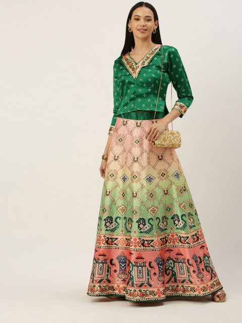 Mameraa Peach-Coloured & Green Semi-Stitched Lehenga & Unstitched Blouse With Dupatta
Mameraa Peach-Coloured & Green Semi-Stitched Lehenga & Unstitched Blouse With Dupatta