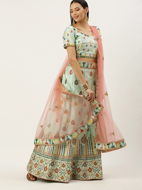 Mameraa Turquoise Blue & Peach-Coloured Embroidered Semi-Stitched Lehenga & Unstitched Blouse With Dupatta
Mameraa Turquoise Blue & Peach-Coloured Embroidered Semi-Stitched Lehenga & Unstitched Blouse With Dupatta