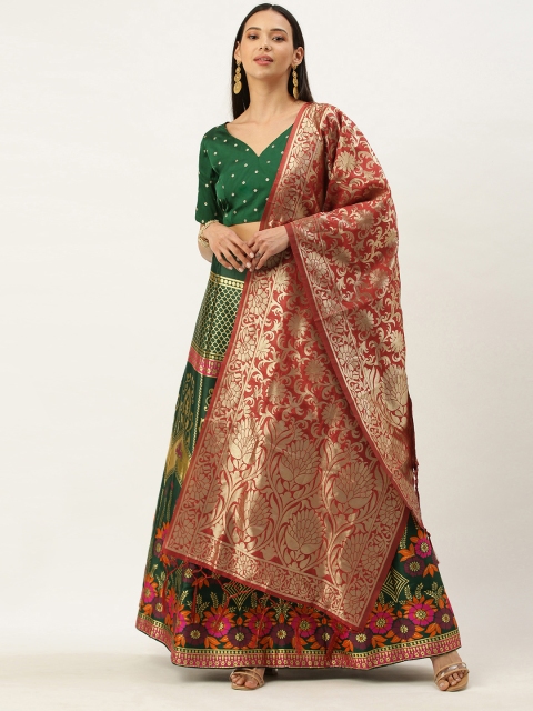 Mameraa Green & Red Woven Design Semi-Stitched Lehenga Choli
