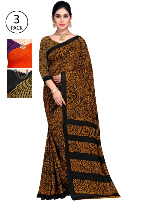 KALINI Pack of 3 Printed Poly Georgette Sarees, Brown