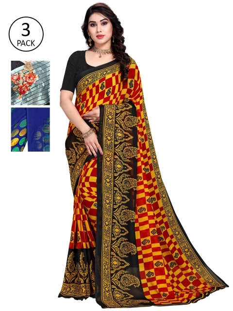 KALINI Pack of 3 Poly Georgette Saree, Blue