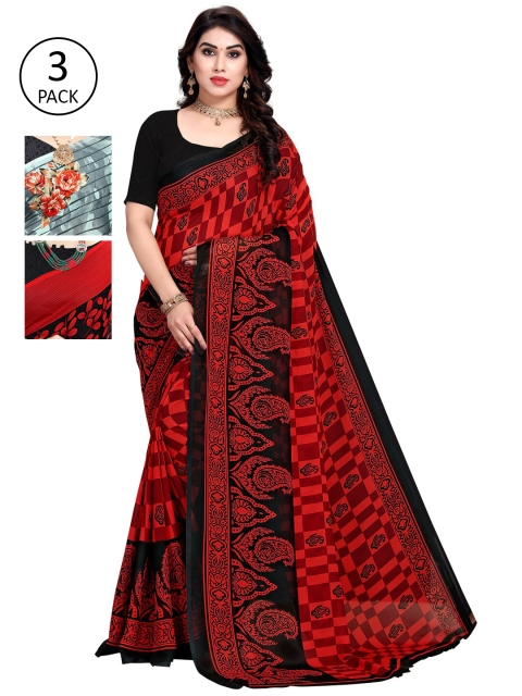 KALINI Pack Of 3 Printed Sarees, Red