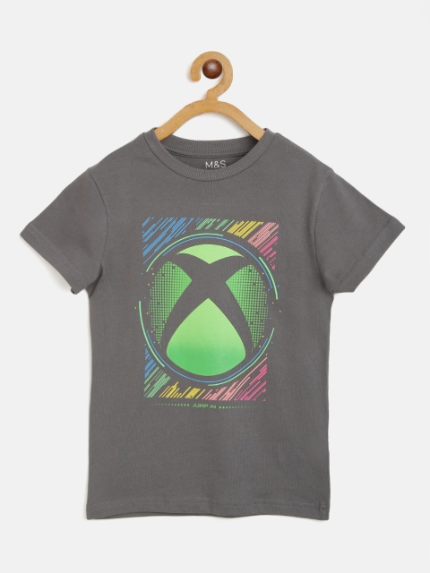 Marks Spencer Boys Charcoal Grey Green Pure Cotton X Box Print Pure Cotton T-shirt