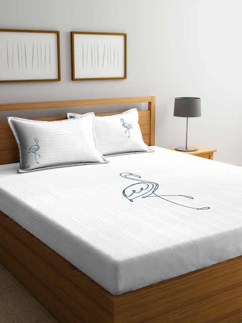 DECOREALM White & Green 300 TC Queen Bedsheet with 2 Pillow Covers