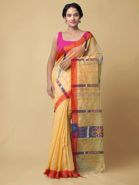 Unnati Silks Yellow & Purple Ikat Woven Design Handloom Pure Cotton Sambalpuri Saree
Unnati Silks Yellow & Purple Ikat Woven Design Handloom Pure Cotton Sambalpuri Saree