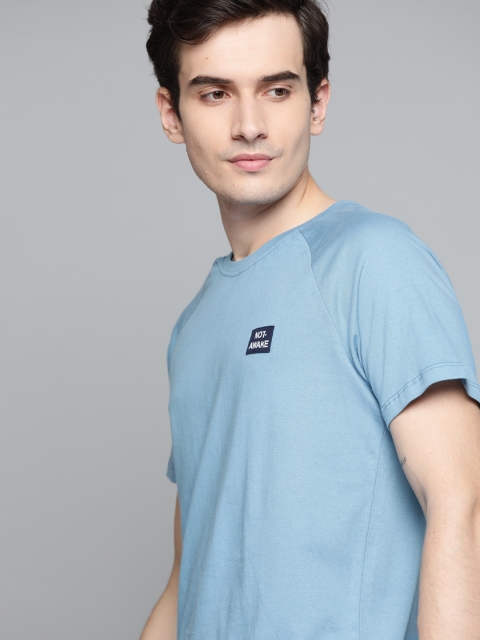 M&H Easy Men Blue Solid Applique Pure Cotton T-shirt