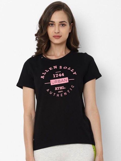 Allen Solly Woman Women Black Pink Typography Printed Pure Cotton T-shirt