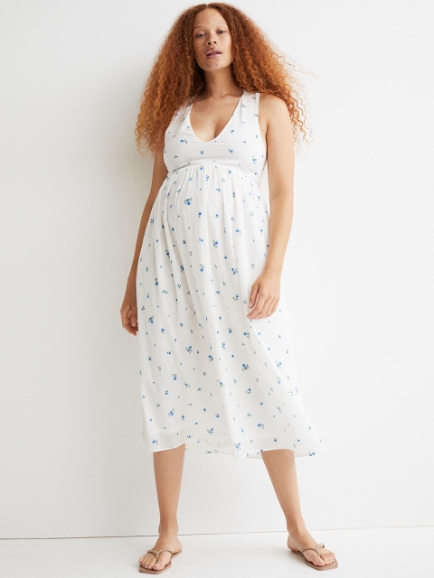 H&M Women White & Blue MAMA V-Neck Dress