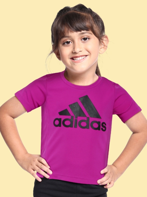 ADIDAS Girls Sonic Fuchsia Pink Brand Logo Printed Designed To Move Training Sustainable T-shirt