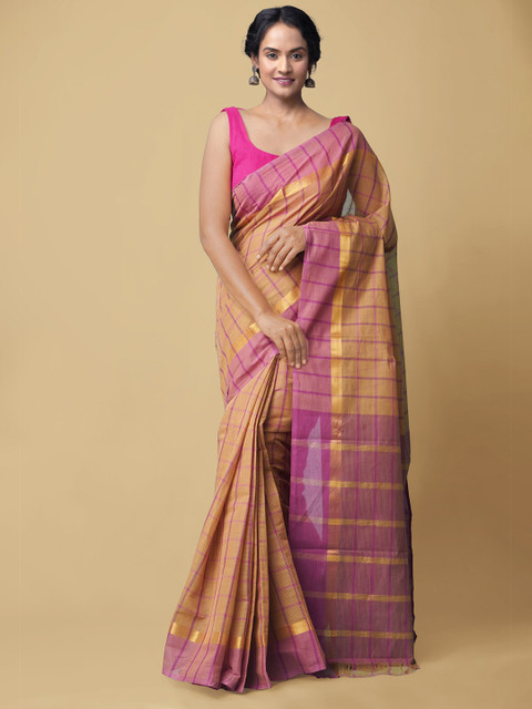 Unnati Silks Beige & Pink Checked Zari Pure Pavni Handloom Cotton Mangalagiri Saree
Unnati Silks Beige & Pink Checked Zari Pure Pavni Handloom Cotton Mangalagiri Saree