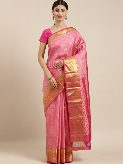 The Chennai Silks Pink & Gold-Toned Ethnic Motifs Zari Pure Silk Fusion Dharmavaram Saree
The Chennai Silks Pink & Gold-Toned Ethnic Motifs Zari Pure Silk Fusion Dharmavaram Saree