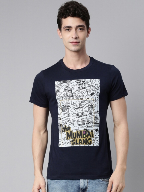 QUANCIOUS Men Navy Blue Printed Sustainable T-shirt