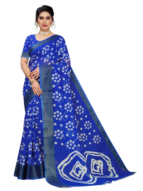 KALINI Blue & White Floral Linen Blend Saree