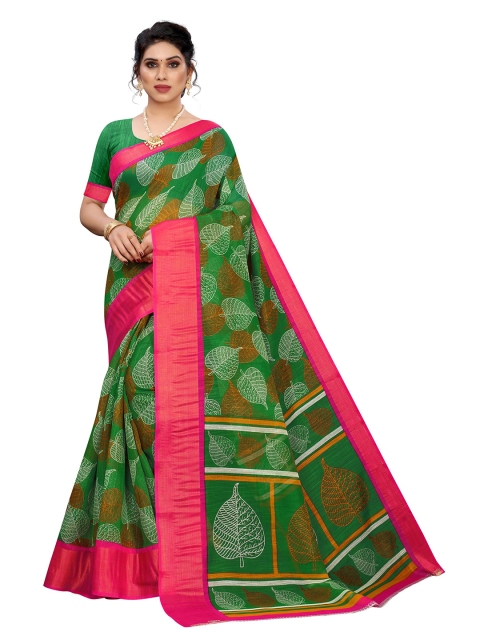 KALINI Green & Pink Linen Blend Saree