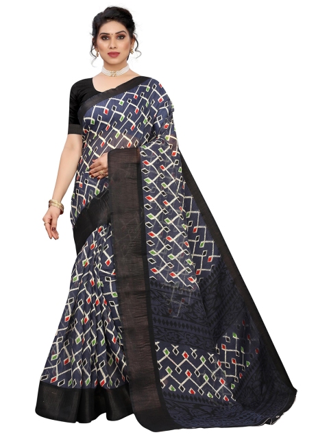 KALINI Navy Blue & White Linen Blend Saree