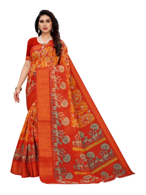 KALINI Orange & Yellow Linen Blend Saree