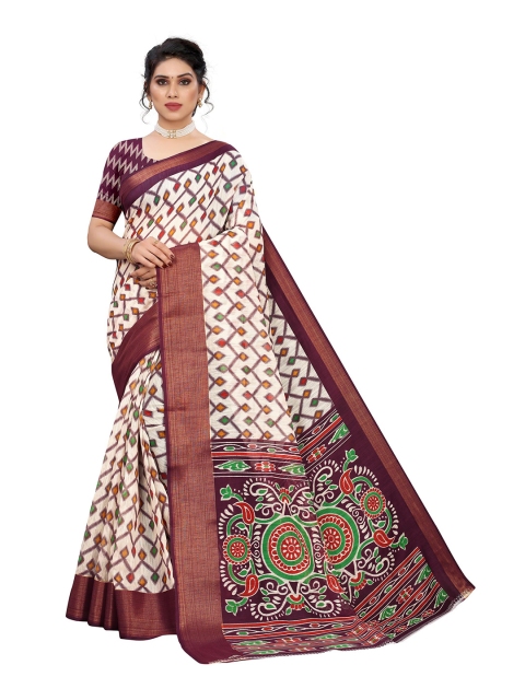 KALINI Off White & Burgundy Linen Blend Saree