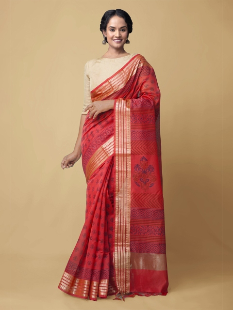Unnati Silks Women Red & Gold-Toned Pure Block Printed Chanderi Sico Sustainable Saree
Unnati Silks Women Red & Gold-Toned Pure Block Printed Chanderi Sico Sustainable Saree