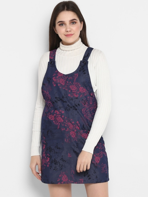 FOSH Women Navy Blue and Pink Floral Pinafore Mini Dress