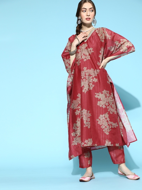 Indo Era Women Red & Beige Floral Printed Mirror Work Chanderi Silk Kaftan Kurta