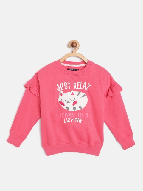 White Snow Girls Pink & White Cat Applique & Typography Print Sweatshirt