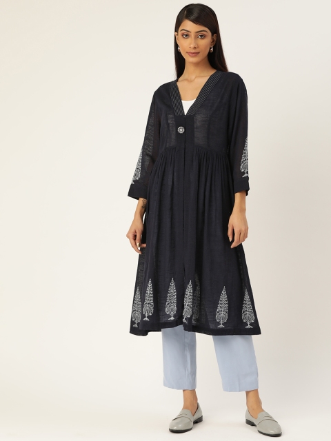 Ancestry Women Navy Blue & White Ethnic Print Cotton Buttoned Semi Sheer Longline Shrug
Ancestry Women Navy Blue & White Ethnic Print Cotton Buttoned Semi Sheer Longline Shrug