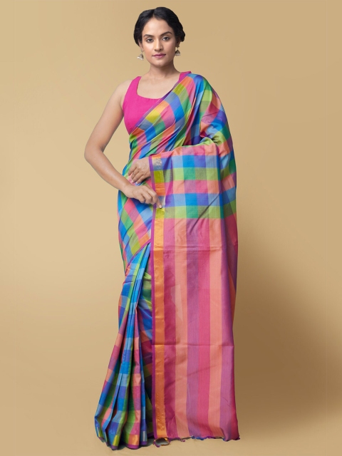 Unnati Silks Blue & Green Checked Silk Cotton Handloom Sustainable Kanjeevaram Saree
Unnati Silks Blue & Green Checked Silk Cotton Handloom Sustainable Kanjeevaram Saree