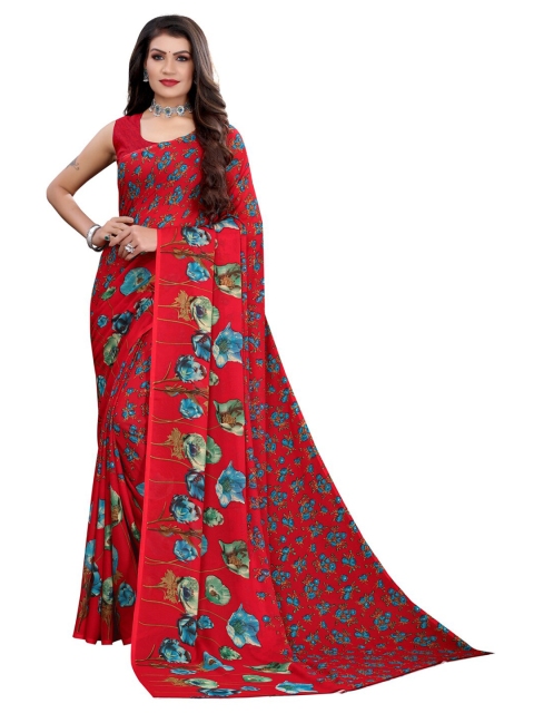 KALINI Red & Multicoloured Floral Printed Saree