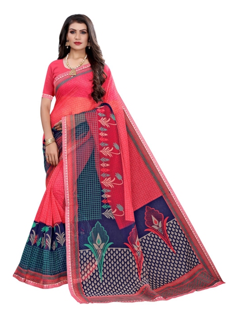 KALINI Peach-Coloured & Navy Blue Floral Printed Saree