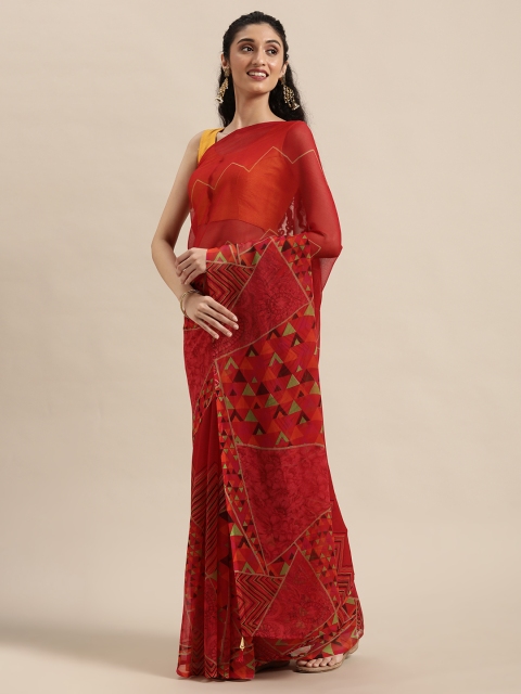 Triveni Red Pure Chiffon Saree