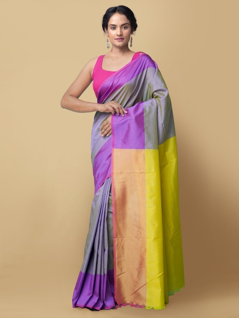 Unnati Silks Violet & Green Colourblocked Pure Handloom Silk Cotton Kanjeevaram Saree
Unnati Silks Violet & Green Colourblocked Pure Handloom Silk Cotton Kanjeevaram Saree