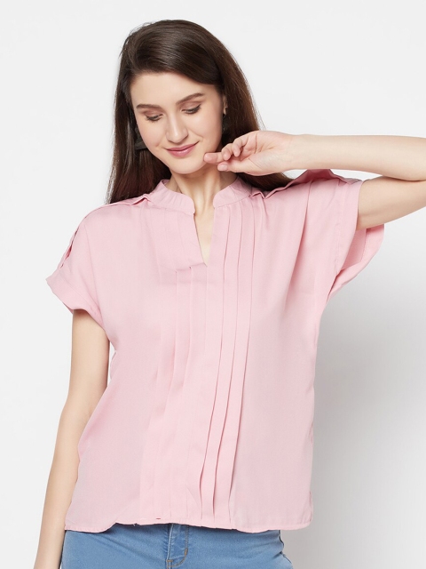 Purple State Women Pink Pleated Extended Sleeves Regular Top