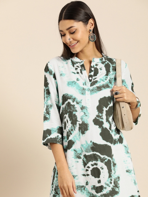 Anouk Women White & Green Dyed Kurta