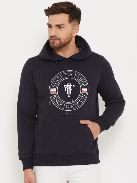 98 Degree North Men Navy Blue Printed Hooded Sweatshirt