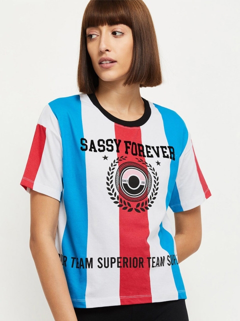 max Women Blue Colourblocked Printed T-shirt