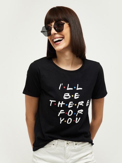max Women Black Cotton Typography Printed T-shirt