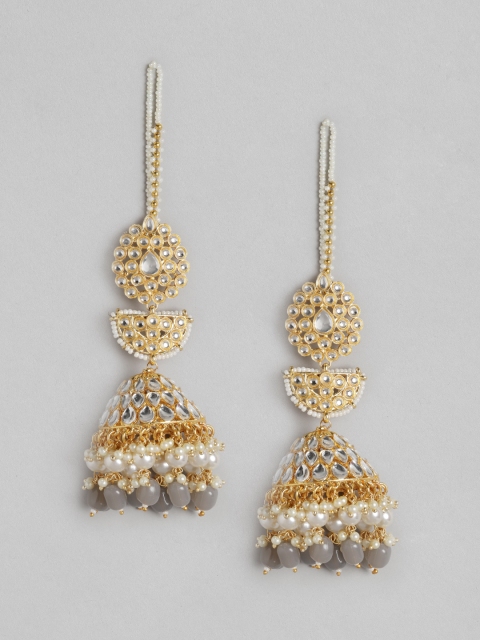 Melani Borsa Grey Gold-Plated Kundan Studded & Beaded Handcrafted Jhumkas with Chain
Melani Borsa Grey Gold-Plated Kundan Studded & Beaded Handcrafted Jhumkas with Chain