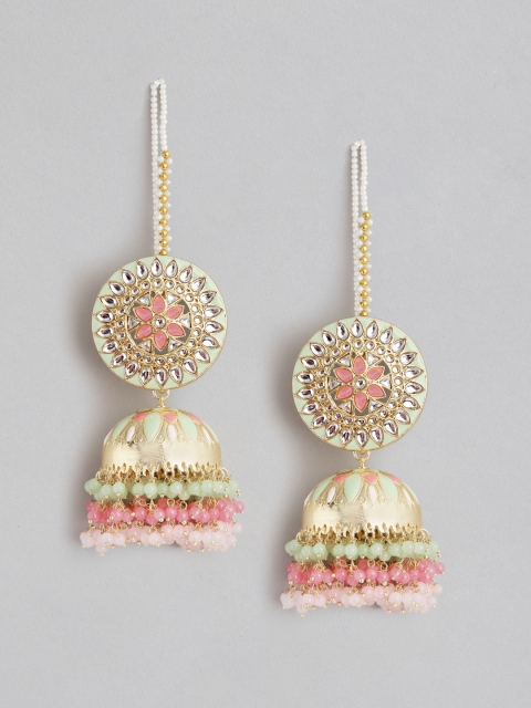 Melani Borsa Green Gold-Plated Kundan Studded & Beaded Handcrafted Jhumkas with Chain
Melani Borsa Green Gold-Plated Kundan Studded & Beaded Handcrafted Jhumkas with Chain
