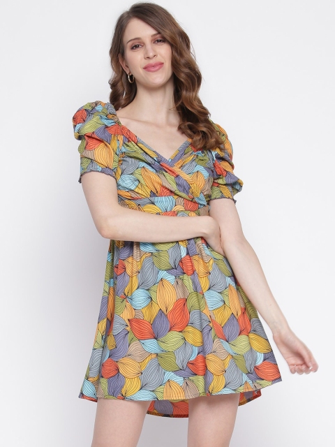 INIESTA Green Floral Printed Mini Fit & Flare Dress