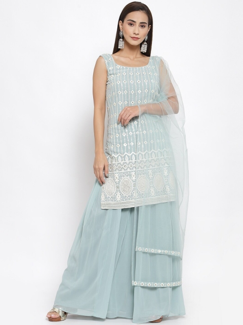 KHALOM Women Blue Lucknowi Embroidered Poly Georgette Kurta With Sharara & Dupatta
KHALOM Women Blue Lucknowi Embroidered Poly Georgette Kurta With Sharara & Dupatta