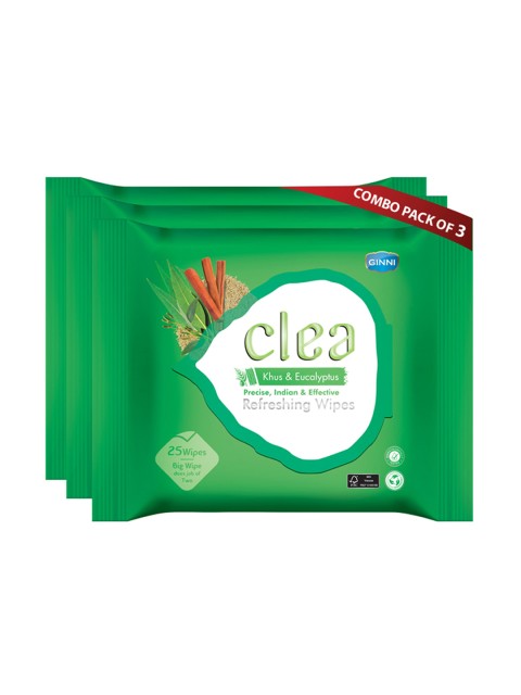 Clea Set of 3 Khus & Ecualyptus Refreshing Wet Wipes - 25 Pulls each, Green