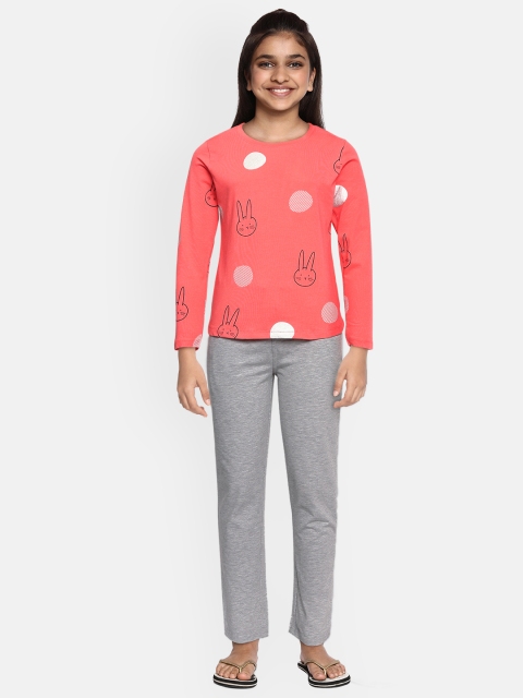 Sweet Dreams Girls Coral & Grey Printed Night suit