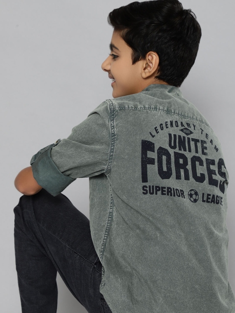 HERE&NOW Boys Green Faded & Typography Printed Pure Cotton Casual Shirt
