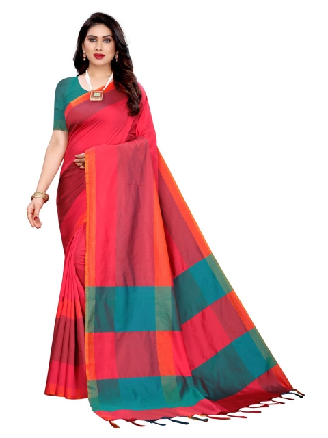 KALINI Pink & Maroon Colourblocked Block Print Saree