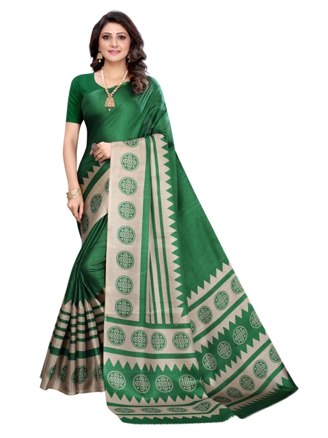 KALINI Green & Beige Geometric Printed Art Silk Saree