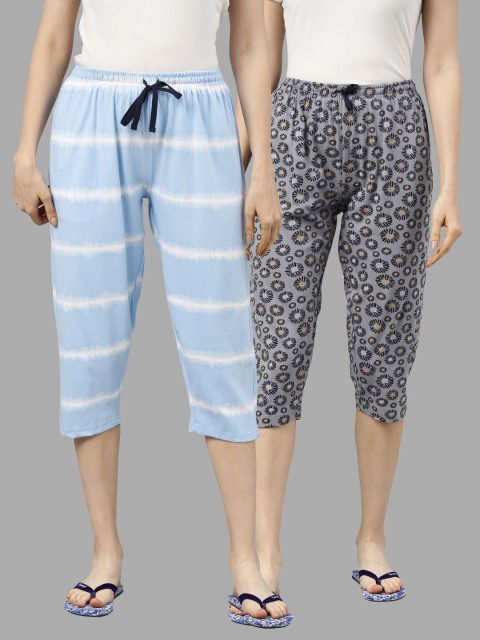 Kryptic Women Pack of 2 Grey & Turquoise Blue Printed Cotton Capris