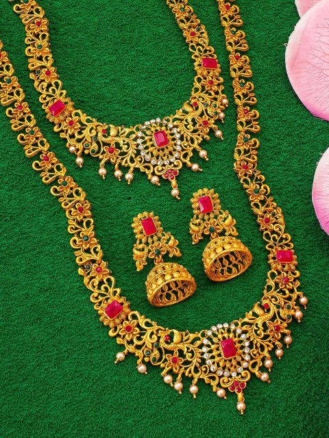 aadita Gold-Plated Red & Green Pearl Beaded & Stone-Studded Dual Jewellery Set
aadita Gold-Plated Red & Green Pearl Beaded & Stone-Studded Dual Jewellery Set